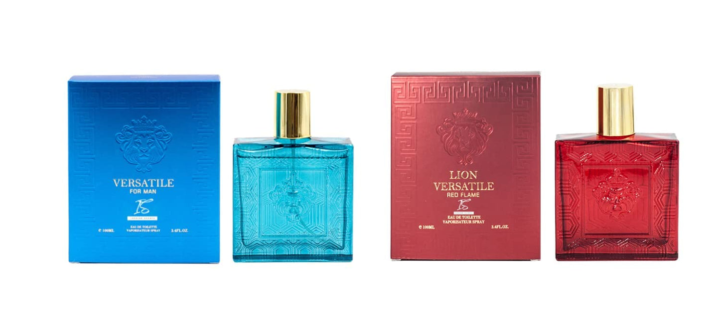 Lion Versatile Cologne for Men (3.4oz/100ml x 5pcs), Impression of Eros, Red Flame, Dylan Blue, Pour Homme & Oud Noir, Edt, (Pack of 5)