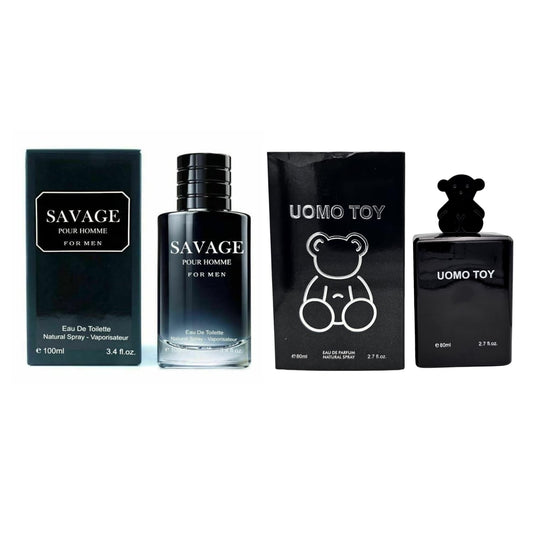 Savage and Uomo Toy Combo Set, Eau De Toilette Natural Spray Fragrance for Men, Wonderful Gift, Masculine Scent for All Skin Types, 3.4 Fl Oz Each (Pack of 2)