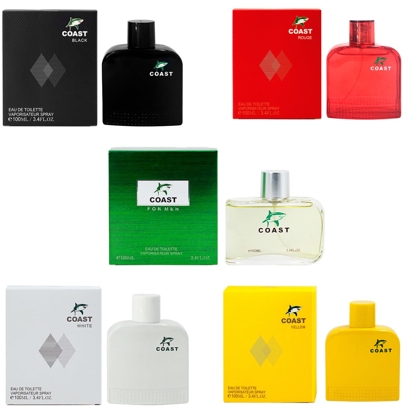 Coast Cologne for Men (3.4oz/100ml x 5Pcs), Eau de toilette, (Impression of Lacoste Blanc Essential Green, Yellow, Red, Black, White) Pack of 5pcs