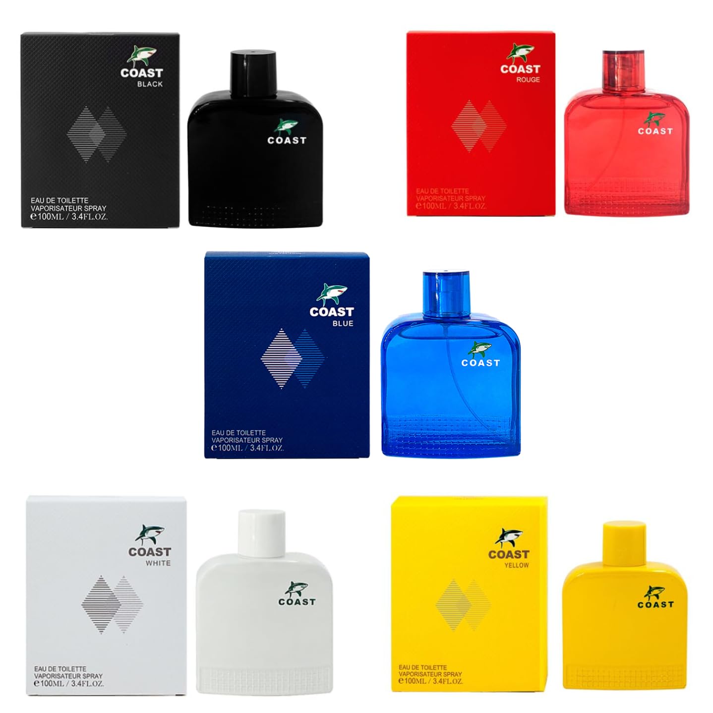 Coast Cologne for Men (3.4oz/100ml x 5Pcs), Eau de toilette, (Impression of Lacoste Blanc Essential Green, Yellow, Red, Black, White) Pack of 5pcs